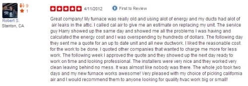 Yelp reviews, yelp california air conditioning systems, customers from yelp, california air customers